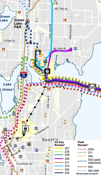 West side routing of SR-520 routes (others not shown). Map by Metro. Note "255X" in legend should read "256."