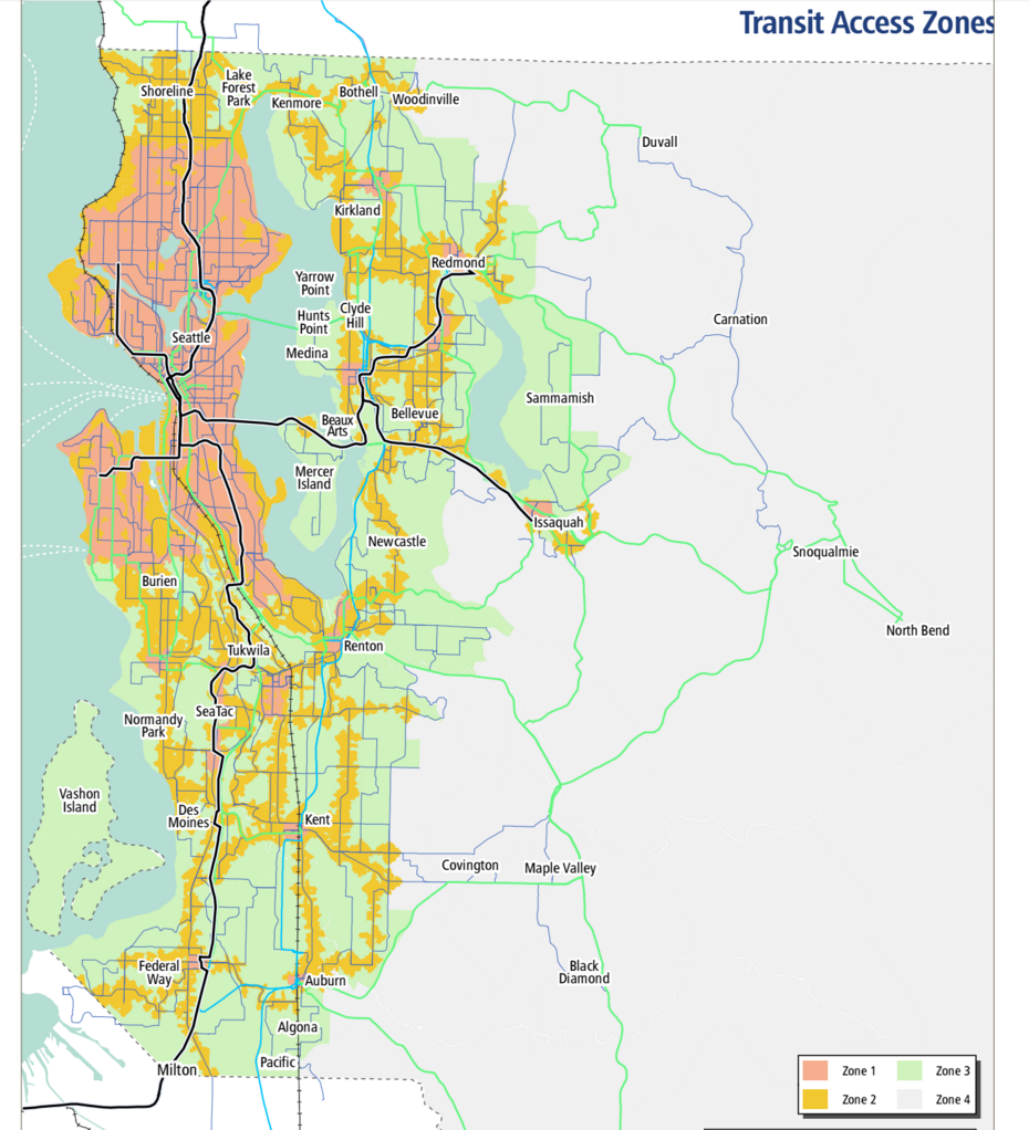Transit Access Zones. No Parking Added in Zone 1 (Pink)