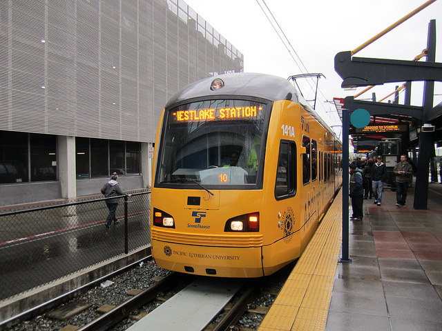 Link at Stadium Station, flanked by one of Metro's employee parking garages (SounderBruce - Flickr)