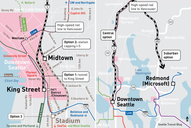 Seattle high-speed rail station options: King Street, Midtown, Redmond
