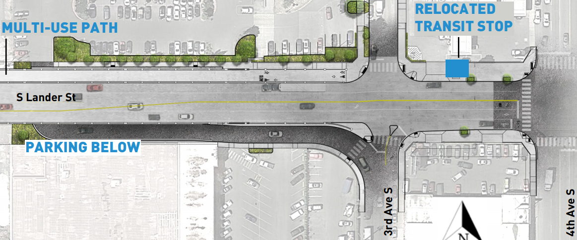 SDOT Lander St design, showing north side mixed use path and no pedestrian access on south side