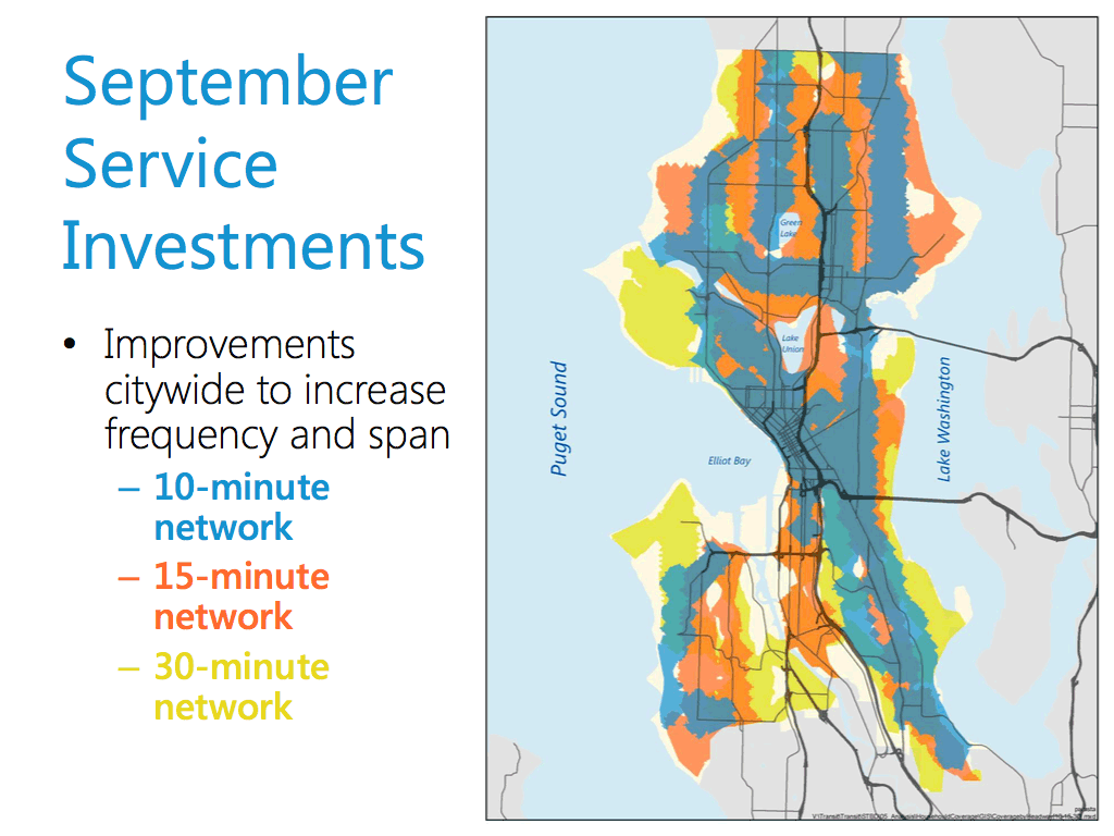 map showing coverage of Seattle's transit network by frequency, most of the city is covered by 15-minute servuce