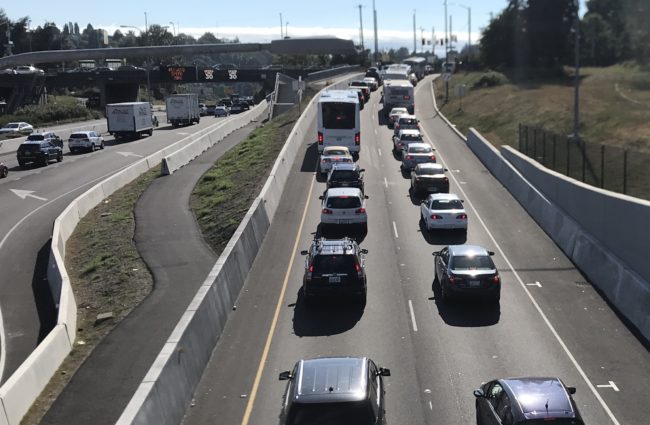 Cars waiting to exit SR-520 at Montlake