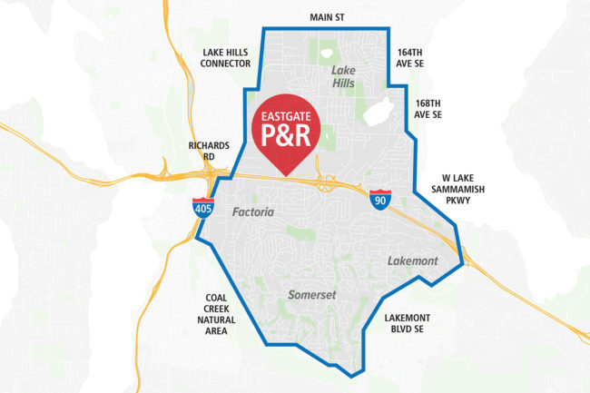 A map of the area around Eastgate Park and Ride where Ride2 service will work.